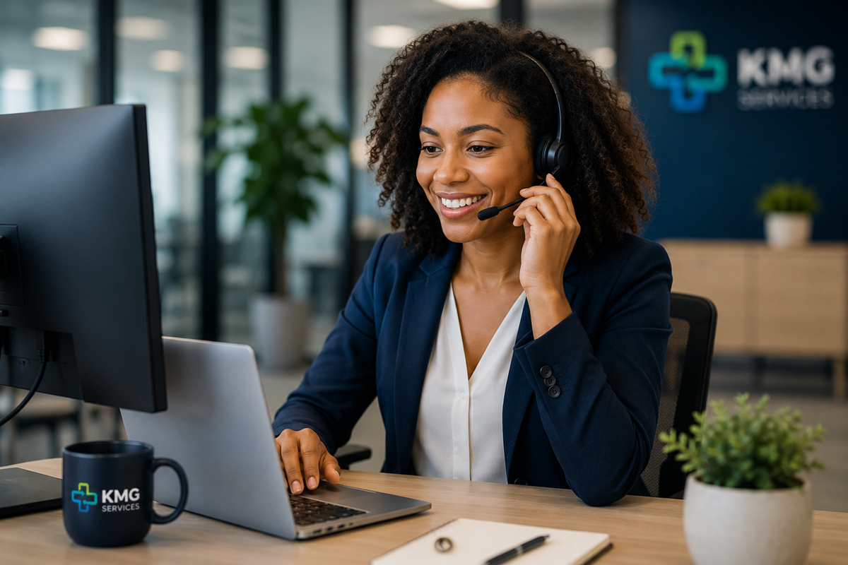 KMG Services representative answering a client support call